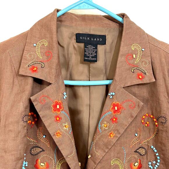 Silk Land Linen Beaded Embroidered Blazer Jacket Size 12 - Picture 5 of 11